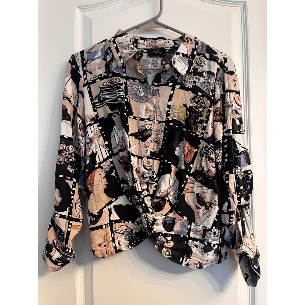Milky & Honey Graphic Twist Front Button Down Shirt Womens L Rayon Art Nouveau